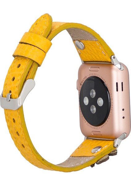 Apple Watch Uyumlu Deri Kordon Clover 42-44MM Ince Ferro Troklu FL12 Sarı