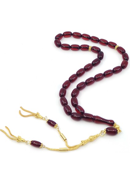 925 Ayar Sarı Gümüş Püsküllü Sıkma Kehribar Tesbih