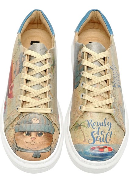 Kadın Vegan Deri Bej Sneakers - Ready to Sail Tasarım