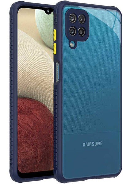 Samsung Galaxy M12 Kılıf Köşe ve Kamera Korumalı Mat Sırt Renkli Kenar Silikon Lacivert