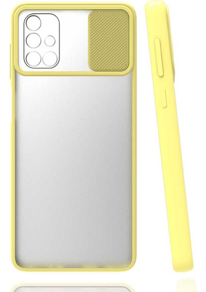 - Samsung Galaxy A51 - Kılıf Slayt Sürgülü Arkası Buzlu Lensi Kapak - Sarı - T17184