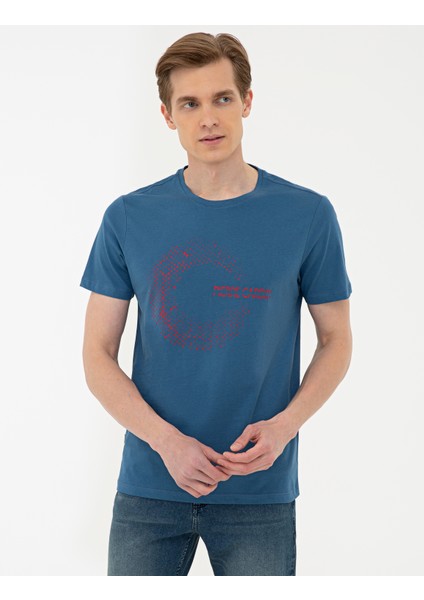 Erkek Mavi Slim Fit Baskılı Bisiklet Yaka Tişört 50241496-VR028