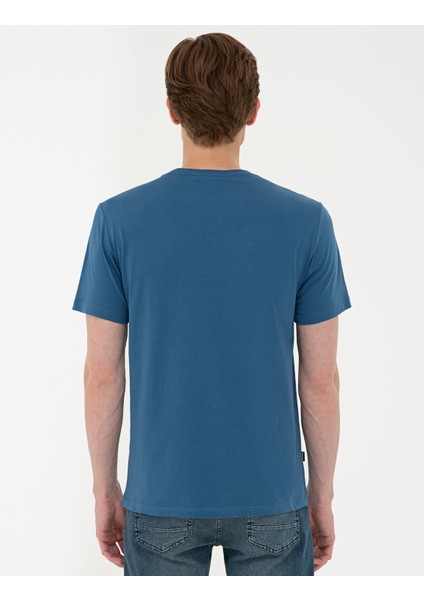 Erkek Mavi Slim Fit Baskılı Bisiklet Yaka Tişört 50241496-VR028