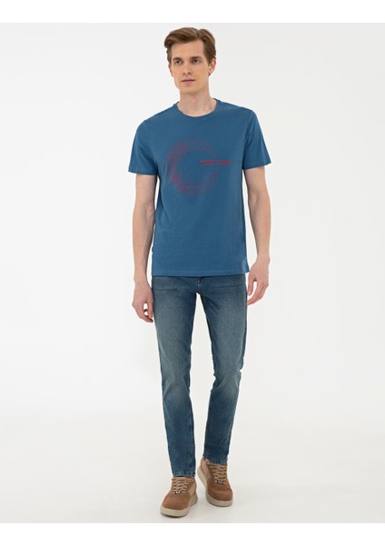 Erkek Mavi Slim Fit Baskılı Bisiklet Yaka Tişört 50241496-VR028