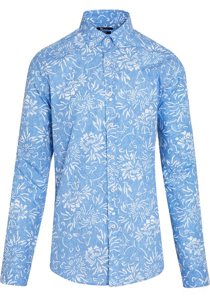 Erkek Mavi Baskılı Slim Fit Spor Gömlek