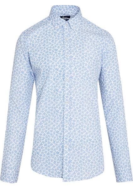 Erkek Mavi Baskılı Slim Fit Spor Gömlek