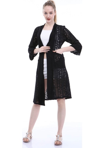 Siyah Çiçek Işlemeli Dantelli Kimono&kaftan