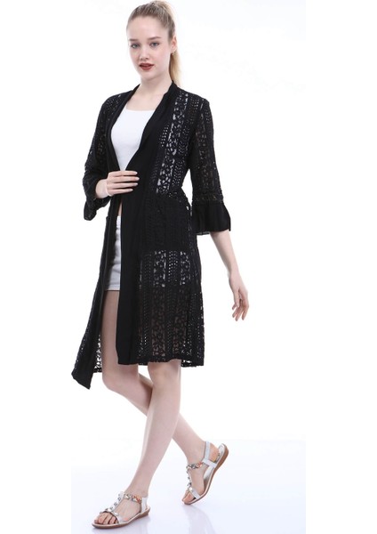 Siyah Çiçek Işlemeli Dantelli Kimono&kaftan