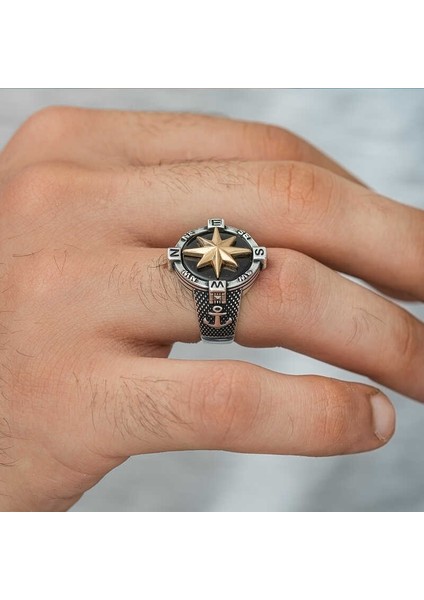 Gümüş Çapa Detaylı Pusula Erkek Yüzük modelleri
