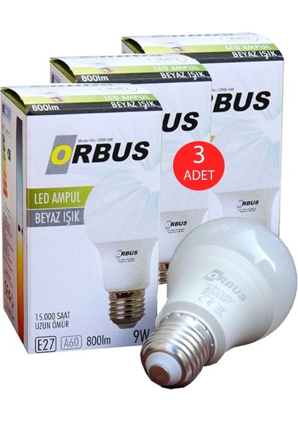 ORB-9W E27 3'lü LED Ampul Beyaz Işık