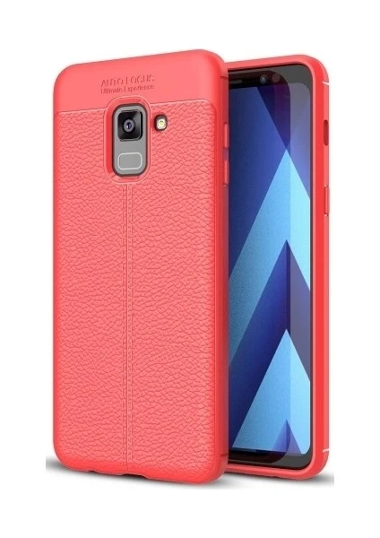 Case 4U A8 Plus 2018 Kılıf Rugan Armor Deri Görünümlü Yüksek Kalite Silikon Niss Kırmızı