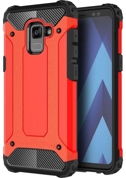 Case 4U Galaxy A8 2018 Kılıf Military Armor Çift Katmanlı Crash Silikon Kılıf Kırmızı