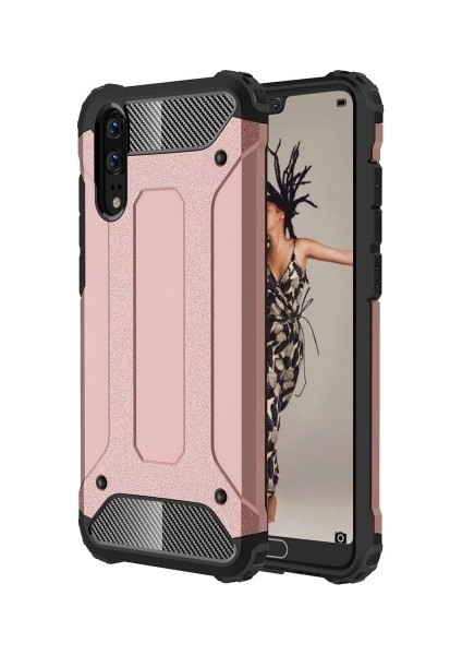 Huawei P20 Kılıf Çift Katmanlı Zırh Koruma Tank Arka Kapak Rose Gold