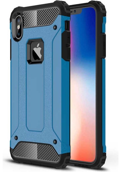 Apple iPhone X Kılıf Çift Katmanlı Zırh Koruma Tank Arka Kapak Mavi