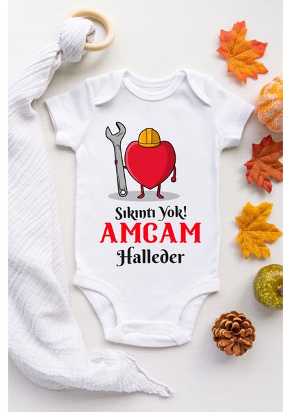 Unisex Bebek Beyaz Sıkıntı Yok Amcam Halleder Desenli Kısa Kol Body
