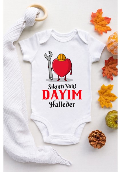 Unisex Bebek Beyaz Sıkıntı Yok Dayım Halleder Desenli Kısa Kol Body
