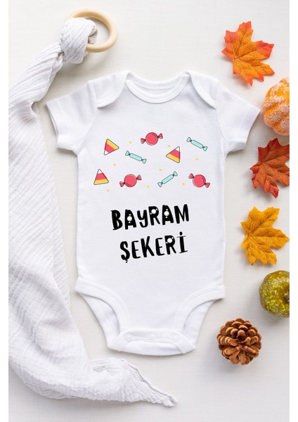 Unisex Bebek Beyaz Bayram Şekeri Desenli Kısa Kol Body