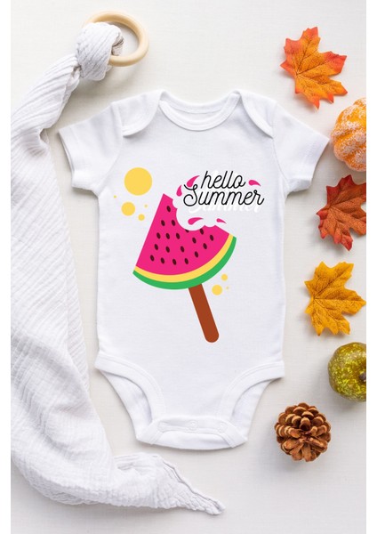 Kız Bebek Beyaz Hello Summer Watermelon Desenli Kısa Kol Body