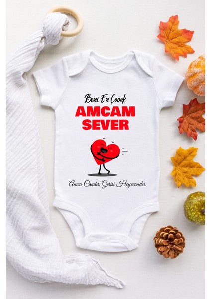 Unisex Bebek Beyaz Beni En Çok Amcam Sever Desenli Kısa Kol Body