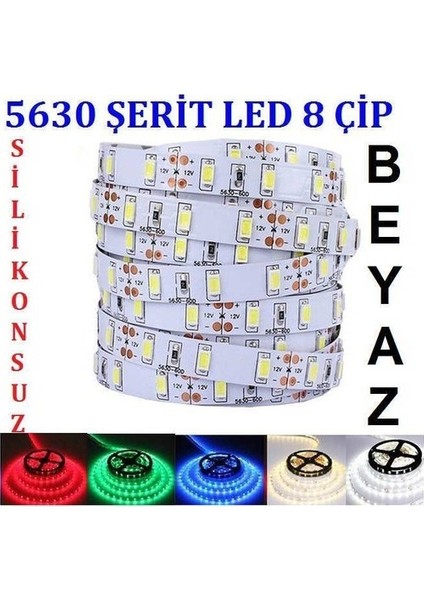 5630 Şerit LED Dc 12V Double Pcb 8 Çip Smd Silikonsuz Şerit LED Beyaz 5 Metre Şerit LED