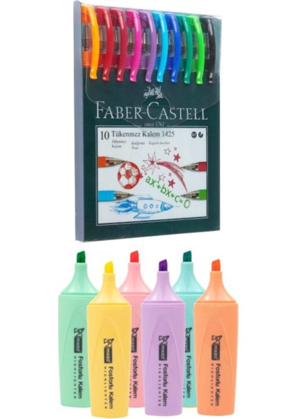 1425 Tükenmez Kalem 10 Renk + Mikro MK-605 Pastel Fosforlu 6'lı