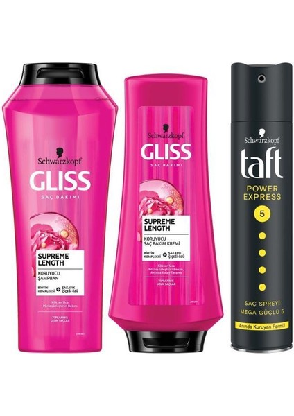 Glıss Supreme Length Şampuan 500 Ml + Saç Kremi 360 Ml + Taft Power Express Saç Spreyi 250 Ml