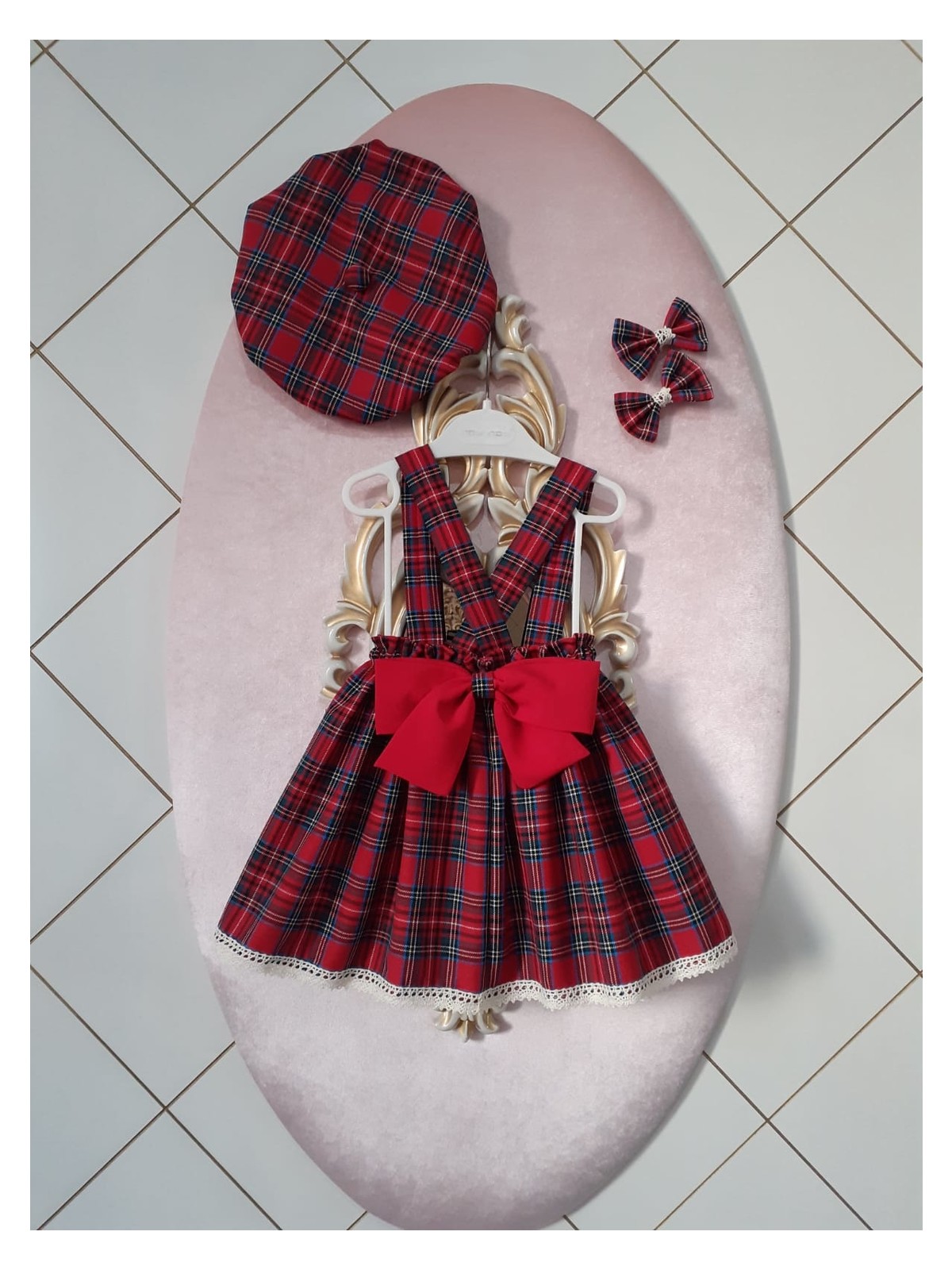 Eylülce Butik Kırmızı Ekoseli Salopet Takım