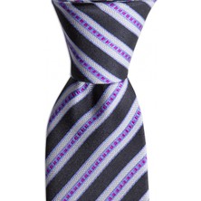 1001 Kravat Gri Çizgili 7,5 cm Genişliğinde Ipek Kravat