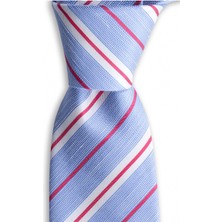 1001 Kravat Mavi Çizgili 8 cm Genişliğinde Ipek Keten Karışımlı Kravat