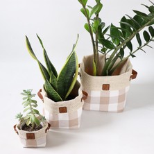 BirD Design Plaidlove Serisi Beigeplaid 3lü Kumaş Saksı Kılıfı Seti