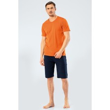 Cacharel 2206 Erkek Nakışlı V Yaka Bermuda Şort Takımı - Kiremit