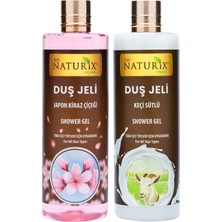 Naturix Organik Japon Kirazı Duş Jeli 400 ml + Keçi Sütü Duş Jeli 400 ml Tüm Ciltlere Aile Duş Jeli Seti