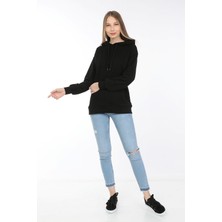 Kadın Siyah Kapüşonlu Uzun Sweatshirt