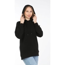 Kadın Siyah Kapüşonlu Uzun Sweatshirt