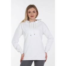 Kadın Beyaz Kapüşonlu Uzun Sweatshirt