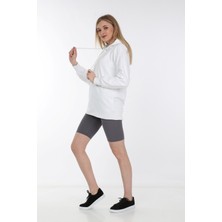 Kadın Beyaz Kapüşonlu Uzun Sweatshirt