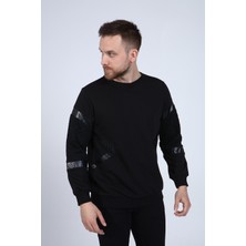 Erkek Gri Deri ve Kapitone Detaylı Slim Fit Sweatshirt