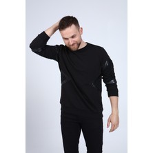 Erkek Gri Deri ve Kapitone Detaylı Slim Fit Sweatshirt