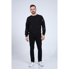 Erkek Gri Deri ve Kapitone Detaylı Slim Fit Sweatshirt