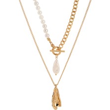 Chavin 2 Katmanlı Yapay Incil Gold  Alloy Kadın Zincir Kolye EN22