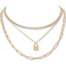 Chavin 3 Katmanlı Taşlı Gold  Alloy Kadın Zincir Kolye EN25