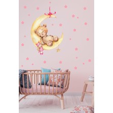 Msticker Ayda Uyuyan Sevimli Ayıcık , Bebek ve Pembe Yıldızlar Sticker Seti