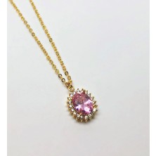Soiestore Zirkon&swarovski Oval Taşlı Kolye Pembe