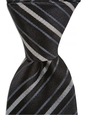 1001 Kravat Siyah Çizgili 8 cm Genişliğinde Ipek Kravat