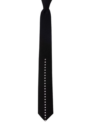 1001 Kravat Siyah Gri Panel Desenli  7 cm Genişliğinde Ipek Kravat