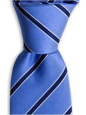 1001 Kravat Mavi Çizgili 7,5 cm Genişliğinde Ipek Kravat
