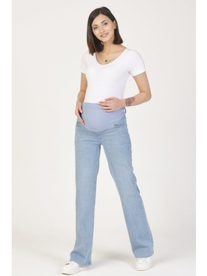 Busa Hamile Açık Mavi Bol Paça Kot Pantolon Kadın Kargo Kesim Günlük Stil Desenli