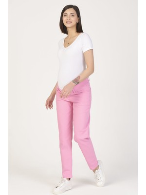 Busa Hamile Alt Karın Destekli Mom Fit Kot Pantolon Pembe