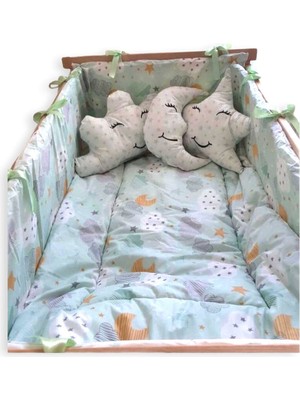 Bebek Özel Bebek Beşik Uyku Seti  (9 Parça) Yeşil Bulutlu/yıldızlı