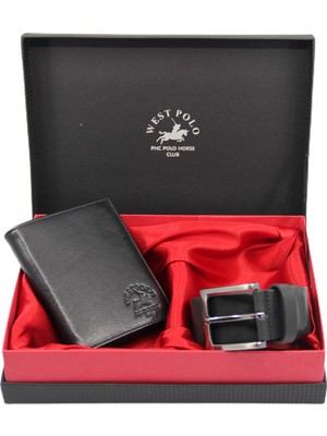 West Polo Siyah Erkek Babalar Günü Özel Set Hakiki Deri Cüzdan/kemer WPT77-131